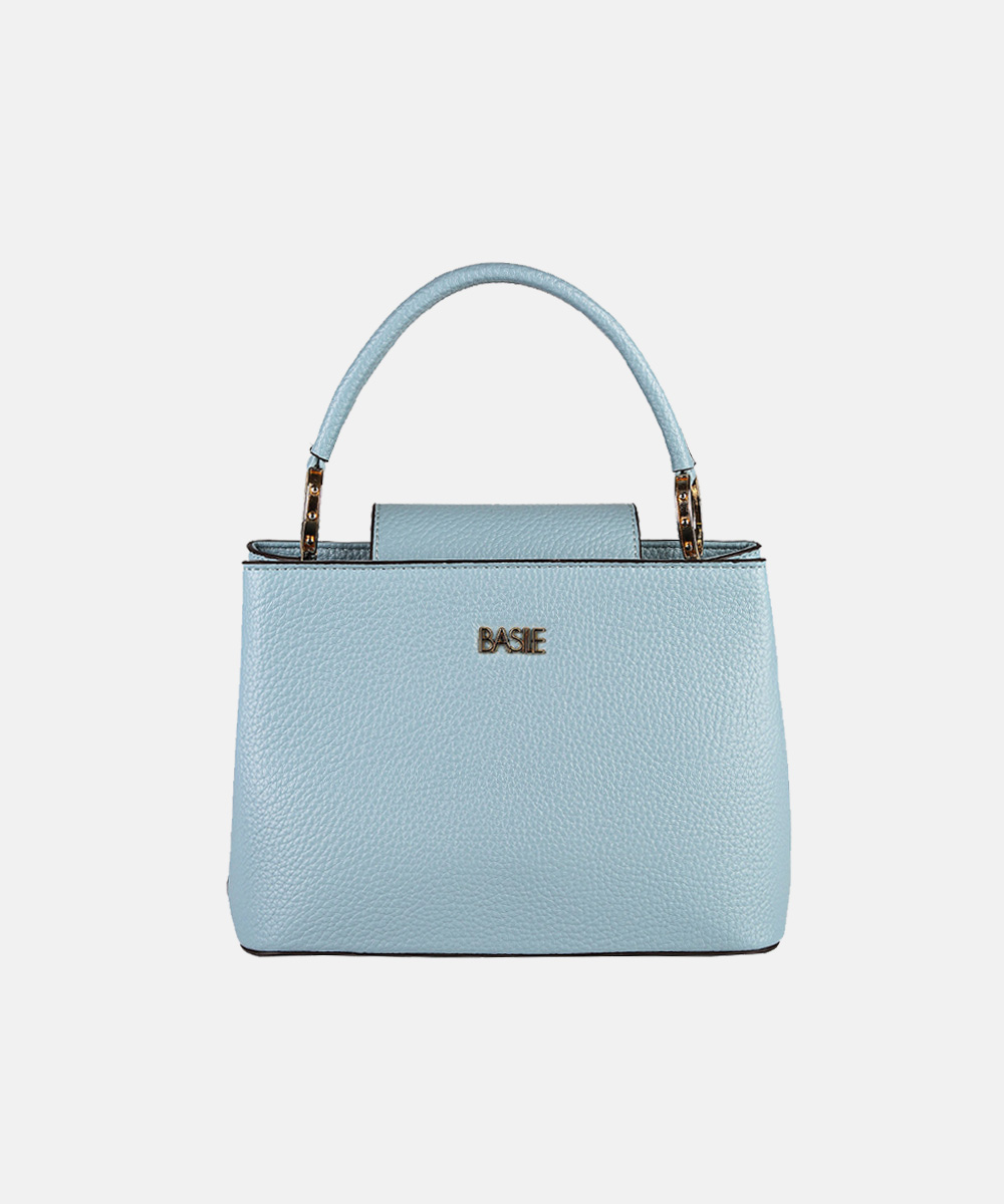 Pale blue pebbled leather top-handle handbag with gold "BASIE" logo, structured boxy silhouette on white background