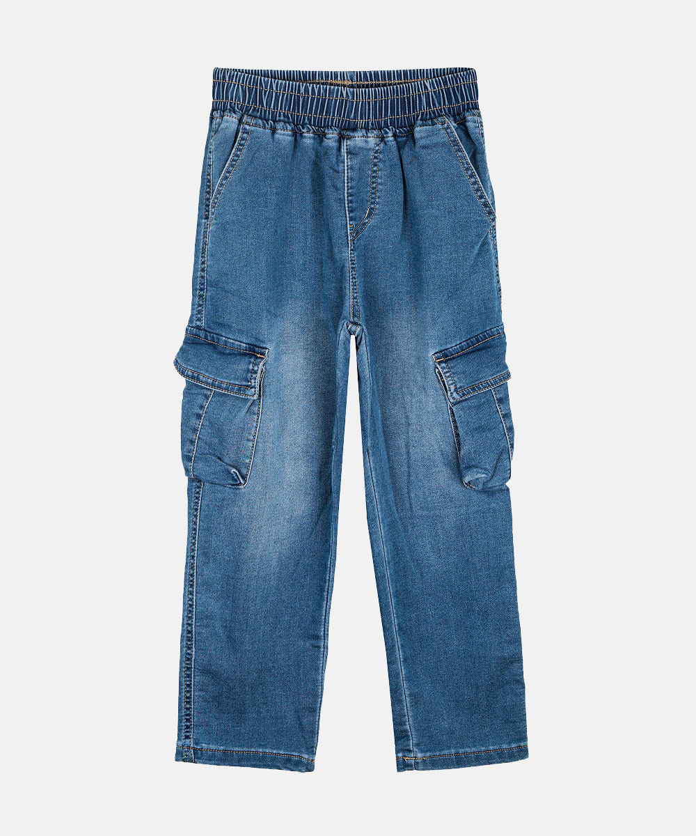 Blue denim cargo trousers with elasticated waistband and side flap pockets, straight-leg children's jeans