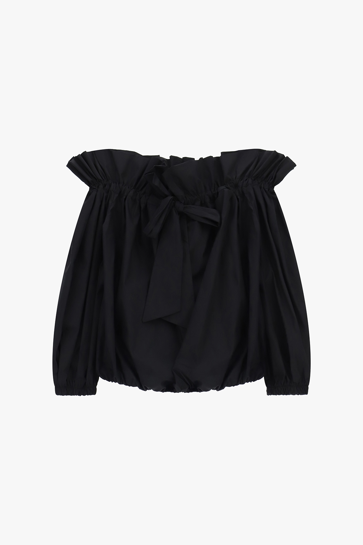 Black off-the-shoulder ruffle blouse with long puff sleeves and front tie, gathered elasticated neckline and hem