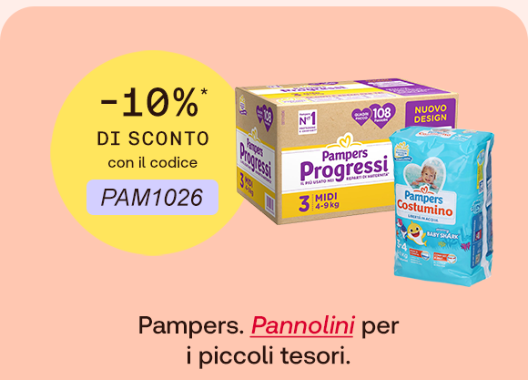 “Prodotti Pampers Progressi e salviettine Costumino con offerta -10% e codice PAM1026. Testo: ‘Pampers. Pannolini per i piccoli tesori’.” “Prodotti Pampers Progressi e salviettine Costumino con offerta -10% e codice PAM1026. Testo: ‘Pampers. Pannolini per i piccoli tesori’.”