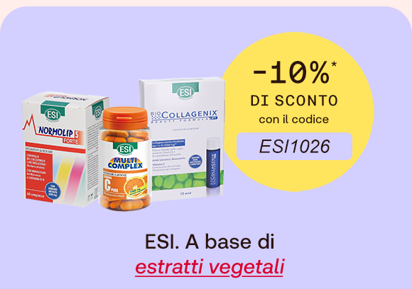 “Prodotti ESI (Normolip 5 Forte, Multicomplex e Re-Collagenix) con offerta -10% e codice ESI1026. Testo: ‘ESI. A base di estratti vegetali’.” “Prodotti ESI (Normolip 5 Forte, Multicomplex e Re-Collagenix) con offerta -10% e codice ESI1026. Testo: ‘ESI. A base di estratti vegetali’.”