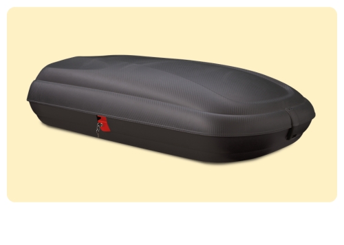 Aerodynamic black car roof box cargo carrier with textured finish and red locking latch, shown on pale background