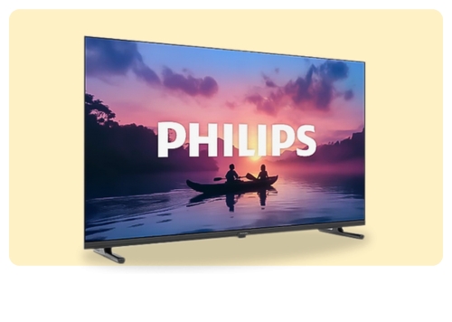 Philips flat-screen TV showing a sunset canoe scene with two silhouetted paddlers on a calm lake