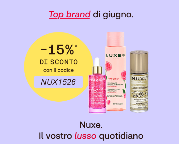 “Prodotti skincare Nuxe su sfondo lilla con offerta -15% e codice NUX1526. Testo: ‘Top brand di giugno. Nuxe. Il vostro lusso quotidiano’.” “Prodotti skincare Nuxe su sfondo lilla con offerta -15% e codice NUX1526. Testo: ‘Top brand di giugno. Nuxe. Il vostro lusso quotidiano’.”