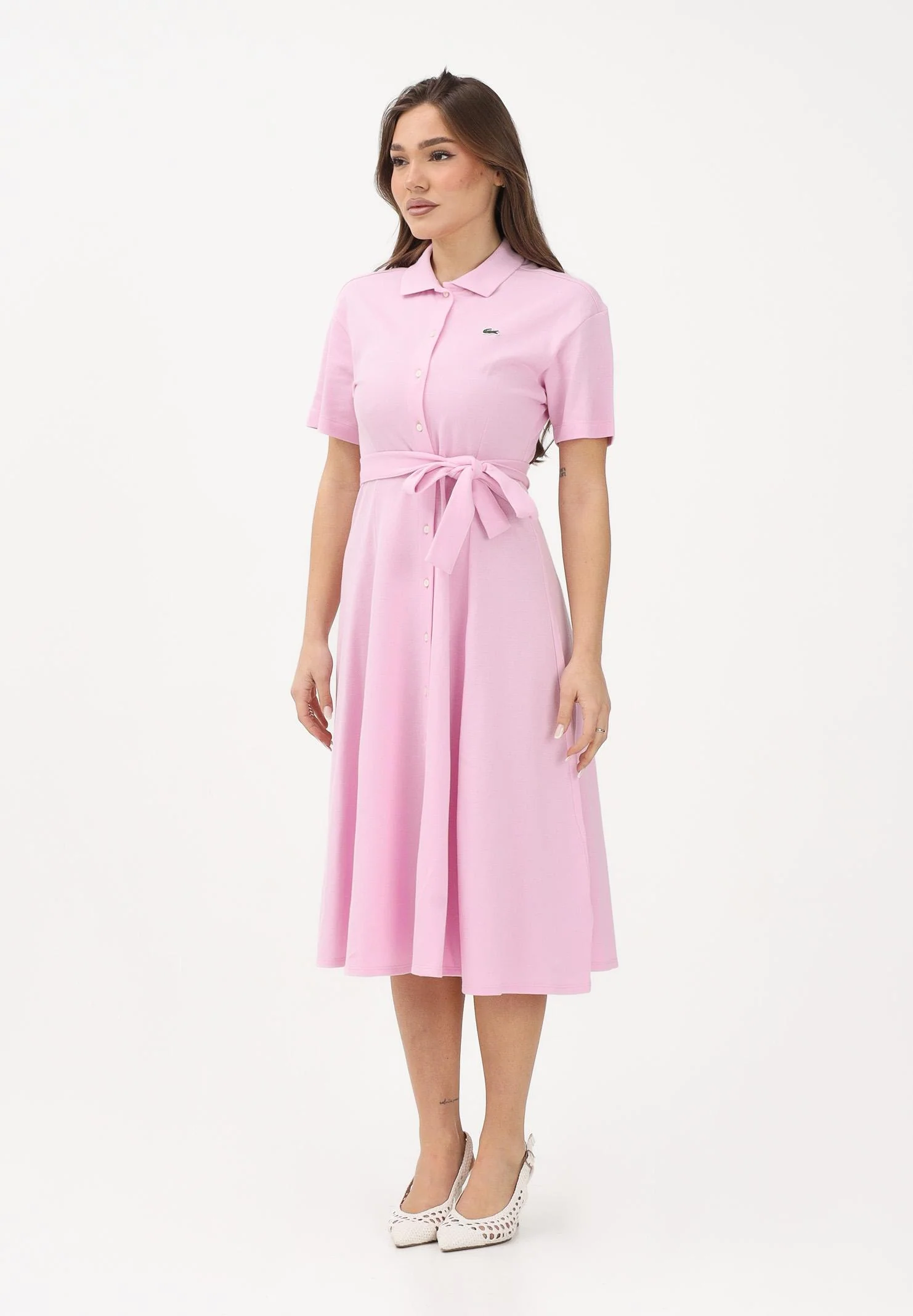Image of LACOSTE Abito midi rosa da donna in mini piqué