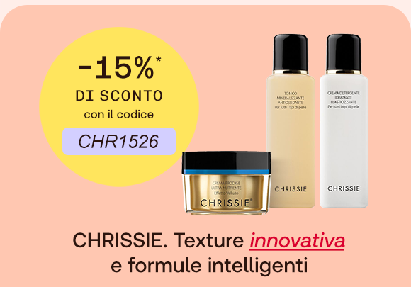 “Prodotti skincare Chrissie (crema, tonico e detergente) con offerta -15% e codice CHR1526. Testo: ‘CHRISSIE. Texture innovativa e formule intelligenti’.” “Prodotti skincare Chrissie (crema, tonico e detergente) con offerta -15% e codice CHR1526. Testo: ‘CHRISSIE. Texture innovativa e formule intelligenti’.”