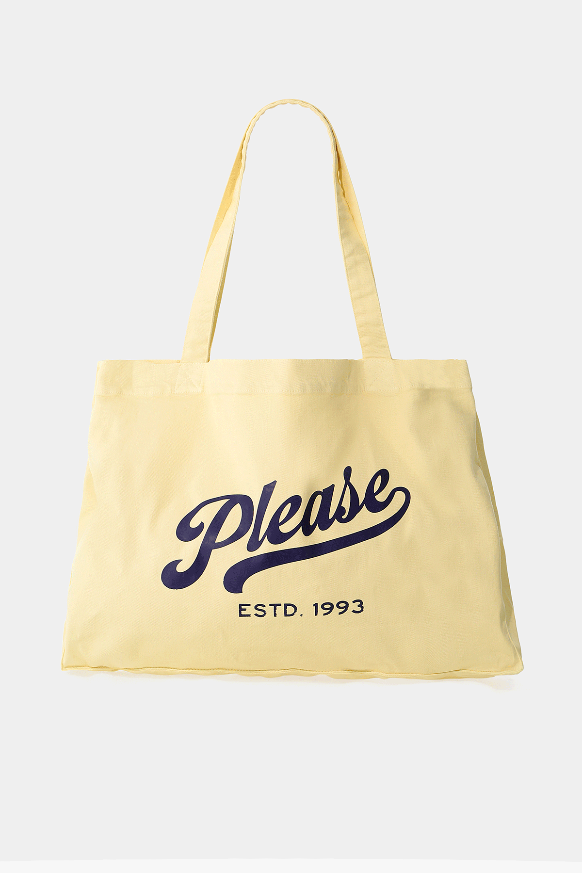 Three canvas tote bags in yellow, olive green and beige, each printed with "Please" script and "ESTD. 1993" logo