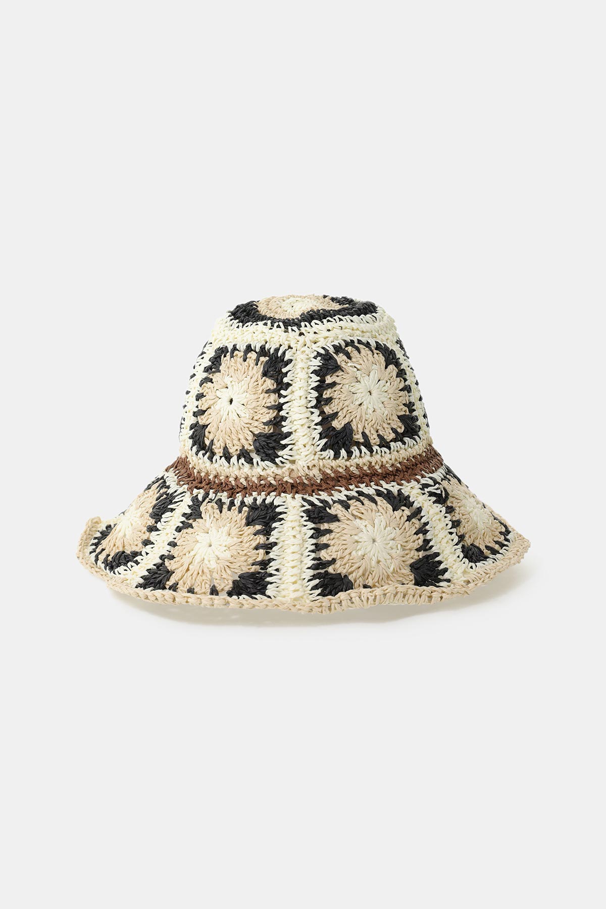 Crocheted wide-brimmed bucket hat with cream, black and brown granny-square flower pattern, lightweight summer sun hat