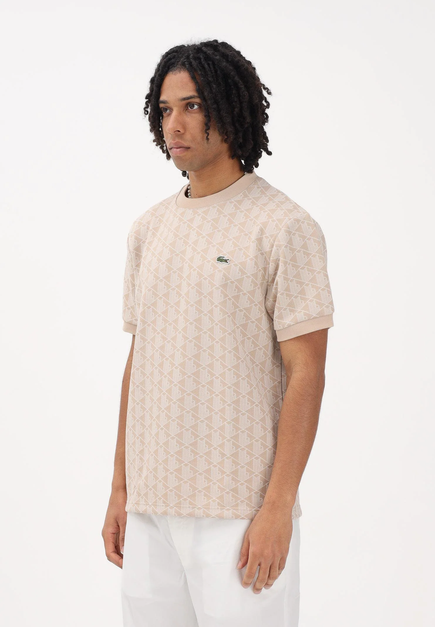 Image of LACOSTE T-shirt a manica corta beige da uomo con monogramma jacquard