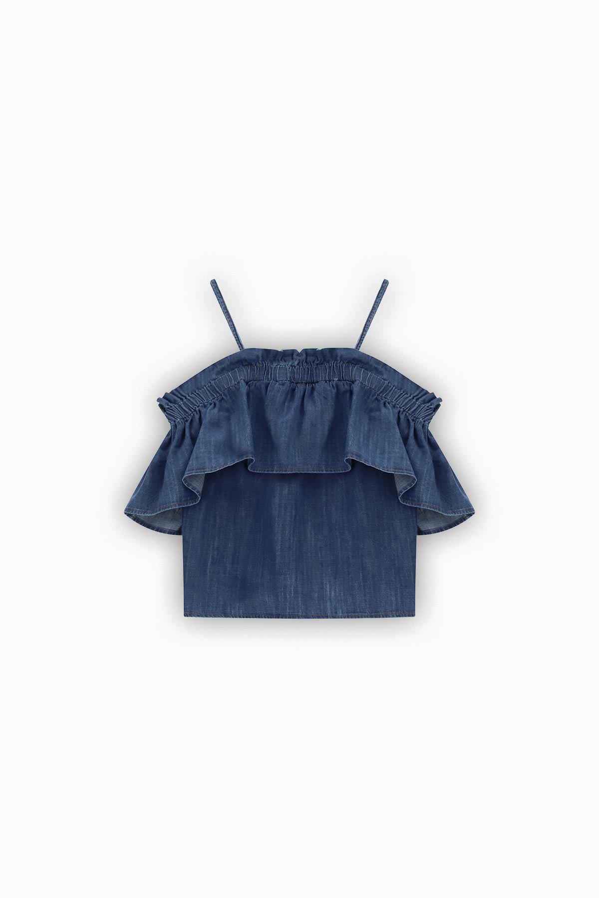 Blue denim off-the-shoulder ruffle camisole top with thin spaghetti straps, flat-lay on white background