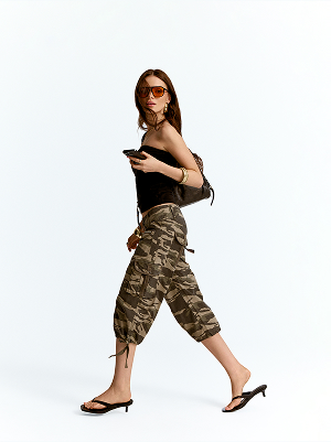 Modella con top nero e pantaloni mimetici 3/4.