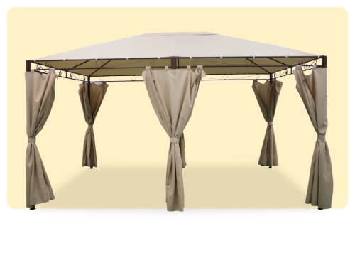 Beige outdoor gazebo with metal frame and tied privacy curtains, square canopy for garden or patio shelter