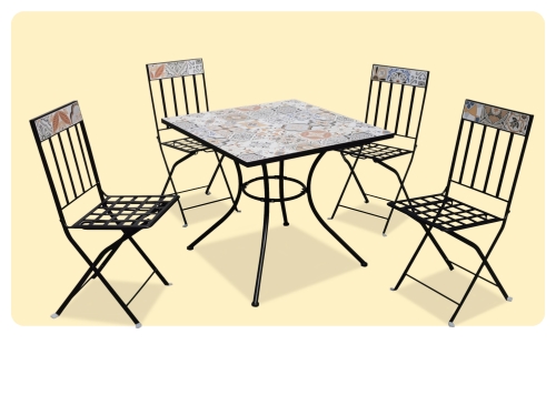 Square mosaic-tiled bistro table with four black metal folding chairs, outdoor patio dining set with decorative patterned tiles