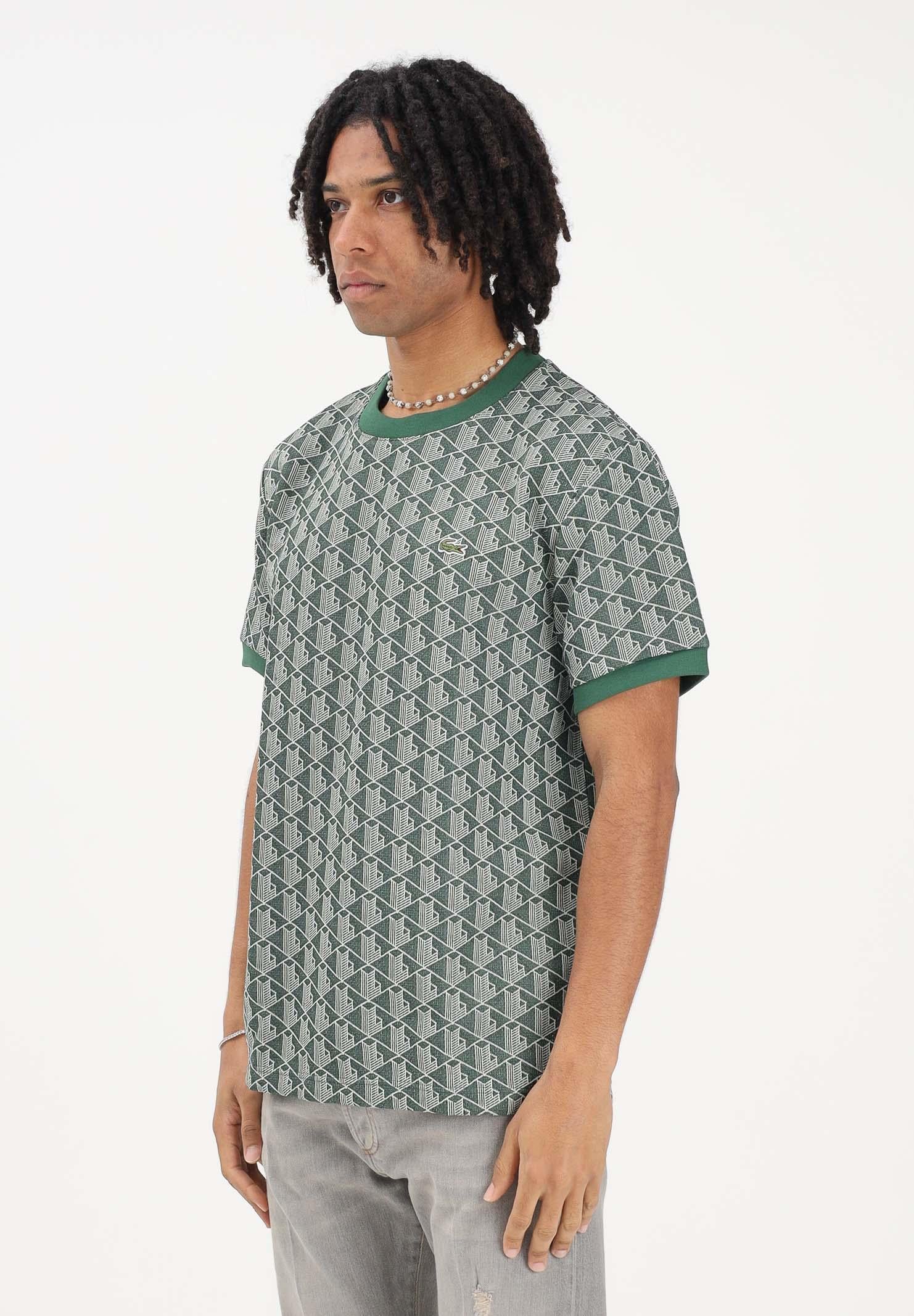 Image of LACOSTE T-shirt a manica corta verde da uomo con monogramma jacquard