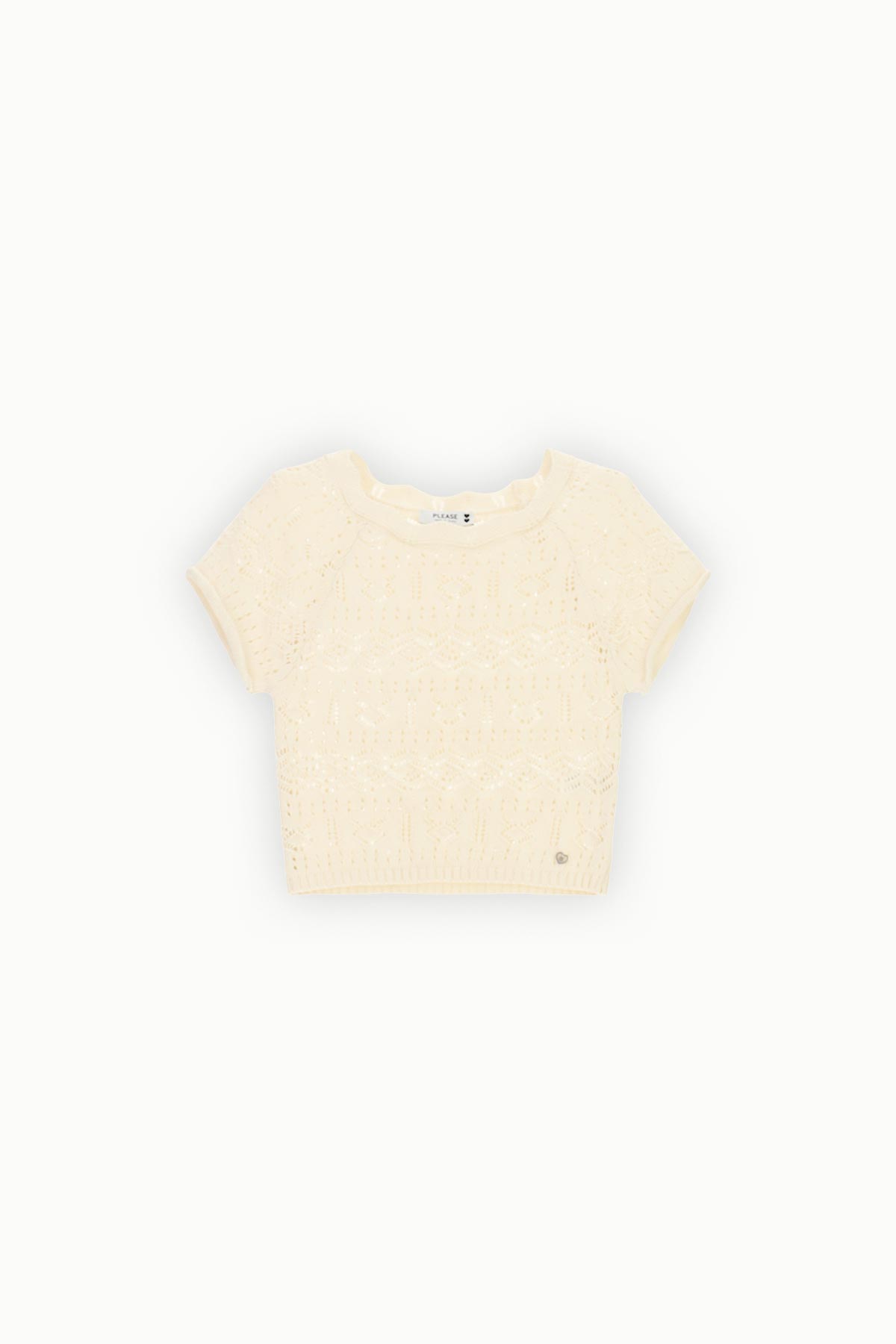 Cream crochet-knit cropped short-sleeve women's top with scalloped neckline and intricate lace pattern, flat-lay on white background