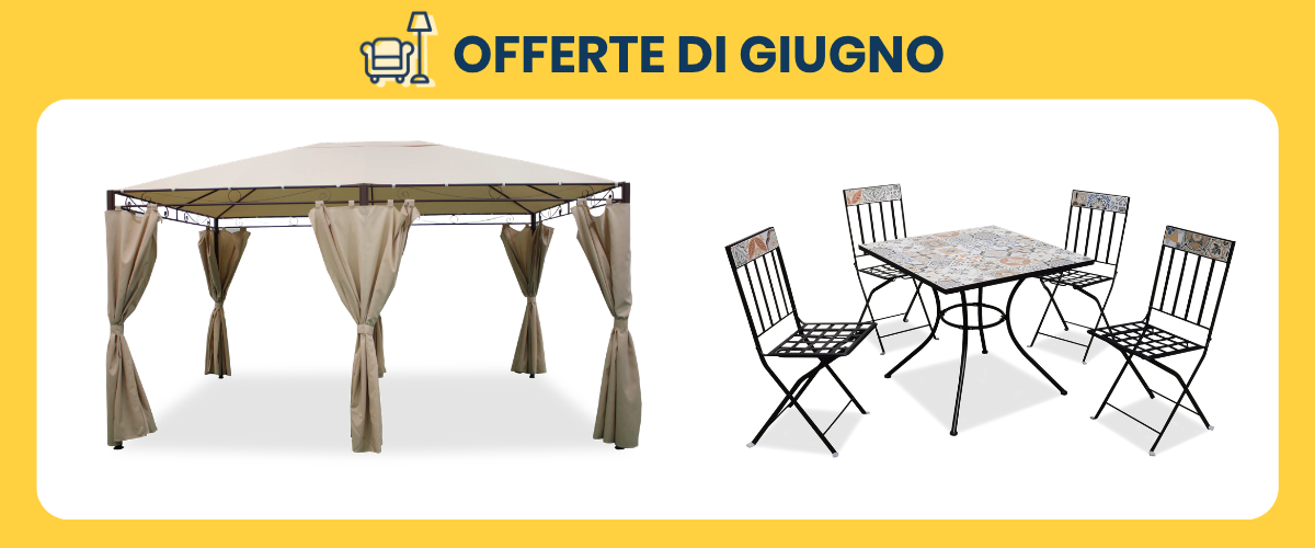 Beige outdoor gazebo with draped curtains beside a mosaic-top metal dining table and four folding chairs under a promotional 'Offerte di Giugno' banner