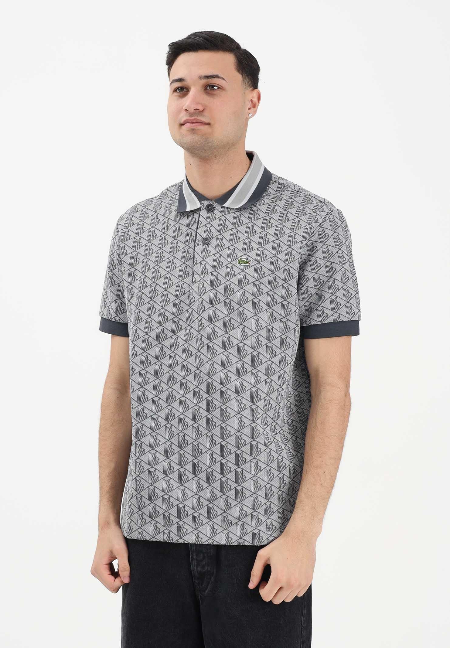 Image of LACOSTE Polo a manica corta grigia da uomo con motivo monogram