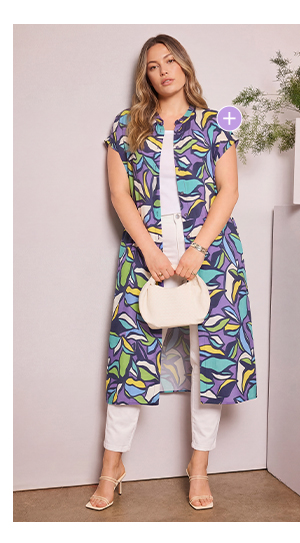 Abito midi, foglie, taglio oversize, colletto alto, mezze maniche
