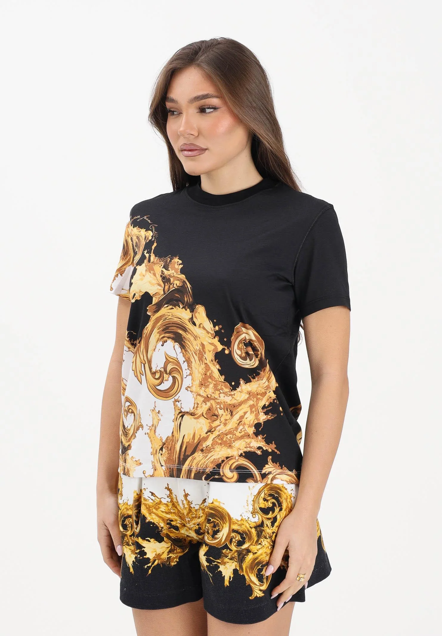 Image of VERSACE JEANS COUTURE T-shirt a manica corta nera e bianca da donna con stampa Wave Couture