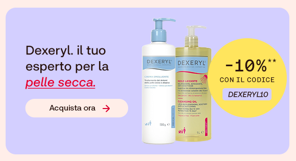 &ldquo;Prodotti Dexeryl per la pelle secca (crema emolliente e olio detergente) su sfondo lilla. Testo: &lsquo;Dexeryl. Il tuo esperto per la pelle secca&rsquo; con offerta -10% e codice DEXERYL10. Pulsante &lsquo;Acquista ora&rsquo;.&rdquo;