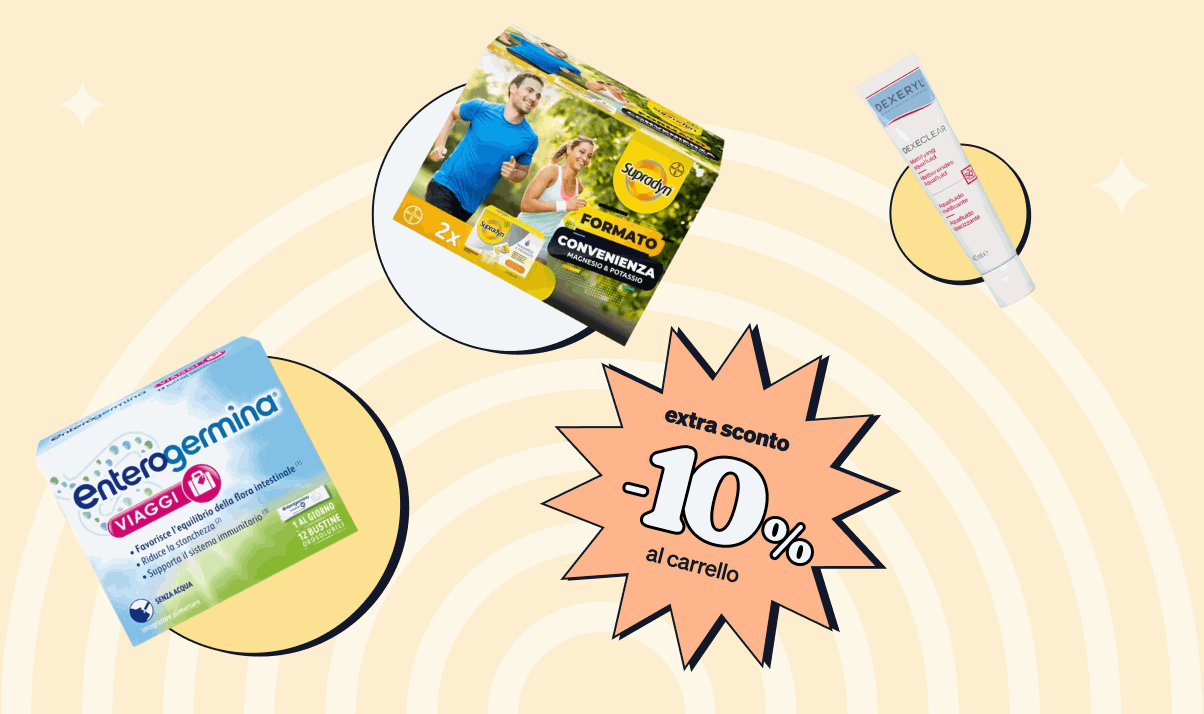 Promotional banner with Enterogermina probiotic, sunscreen twin-pack, skincare tube and starburst reading '10% extra discount'.