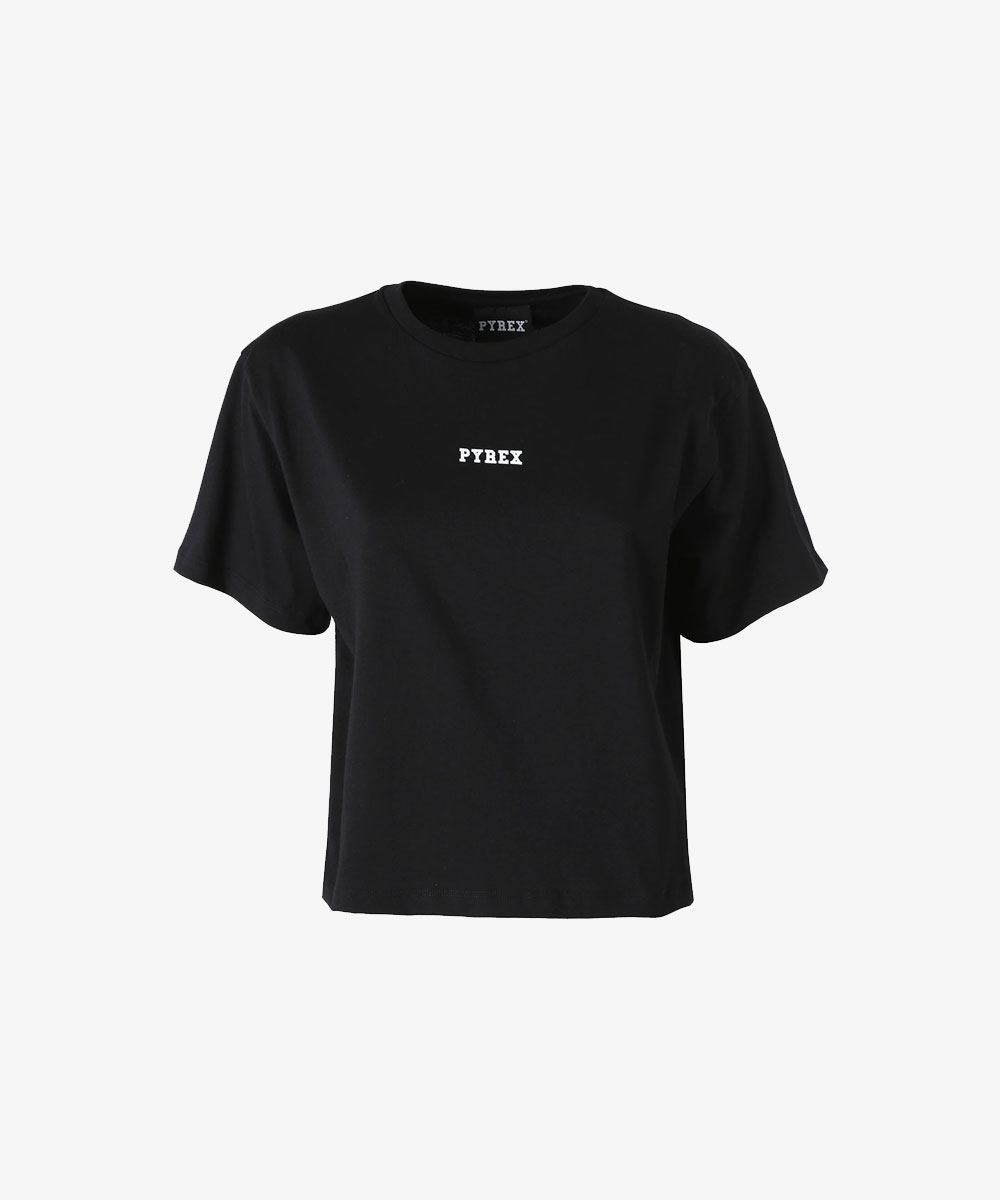 Black cropped short-sleeve cotton T-shirt with centred white "PYREX" logo on chest, crew neck and relaxed fit