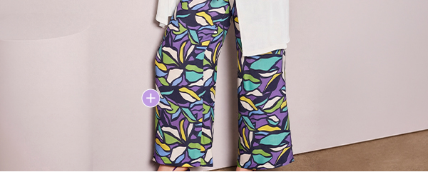 Pantaloni, foglie, taglio della gamba ampio e dritto, cintura elastica