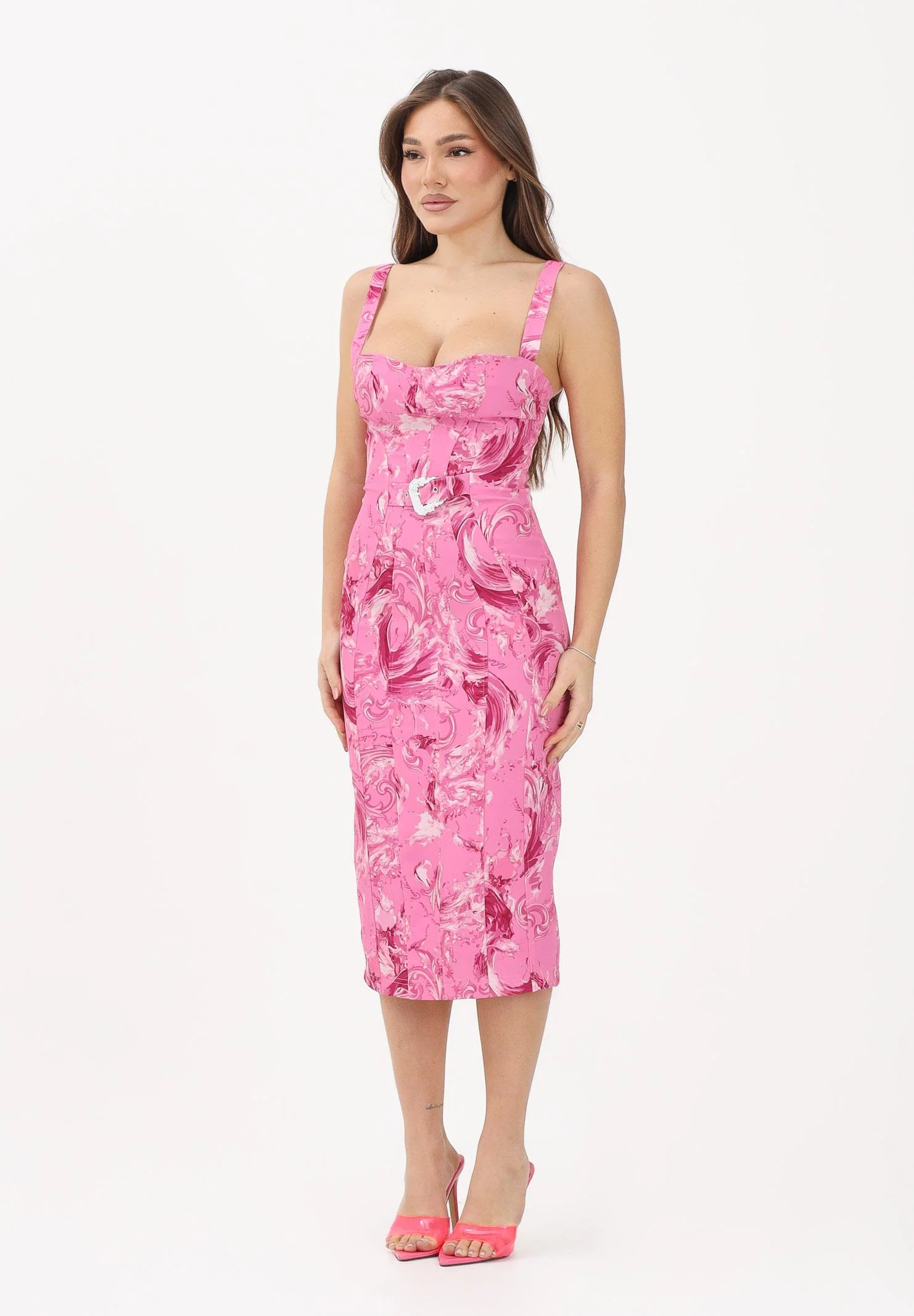 Image of VERSACE JEANS COUTURE Abito midi fucsia da donna con stampa Wave Couture