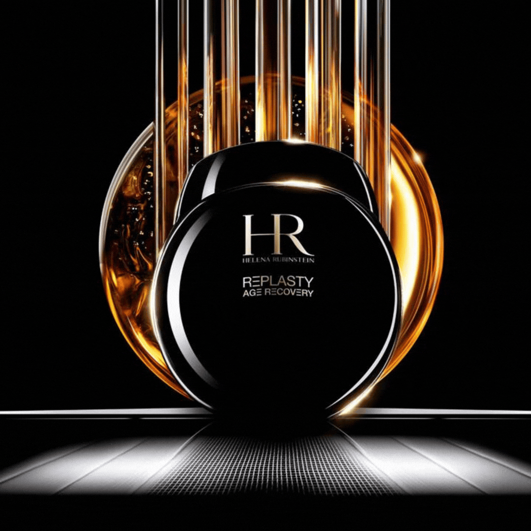 GIF animata della crema Helena Rubinstein Replasty Age Recovery Night nel suo iconico vasetto nero, illuminata dai suoi ingredienti dorati, mostrata in alternativa con la crema Age Recovery Day o la crema Replasty Eye.