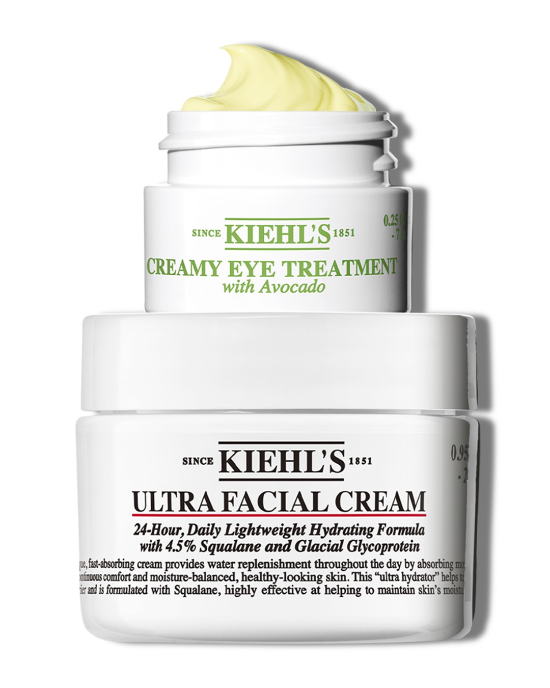 Starter Set Kiehl's: Creamy Eye Treatment with Avocado 7ml e Ultra Facial Cream 28ml impilati su sfondo bianco
