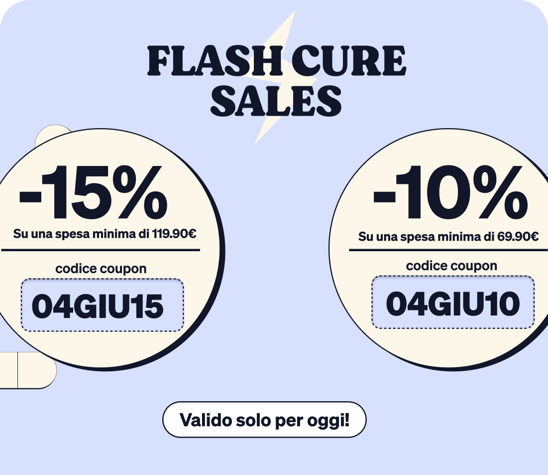 Repeated 'Flash Cure Sales' badges on pale blue background showing -15% and -10% discount coupons with codes 04GIU15 and 04GIU10