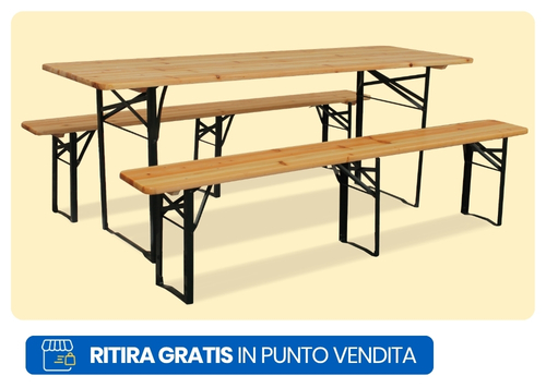 Outdoor wooden folding beer-garden table with two matching benches on black metal folding legs