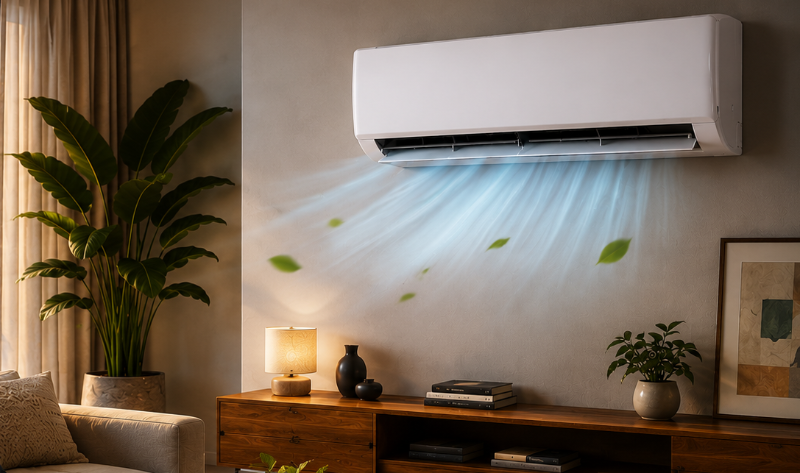 Wall-mounted air-conditioning unit blowing cool air into a stylish living room with plants, wooden sideboard and soft lighting