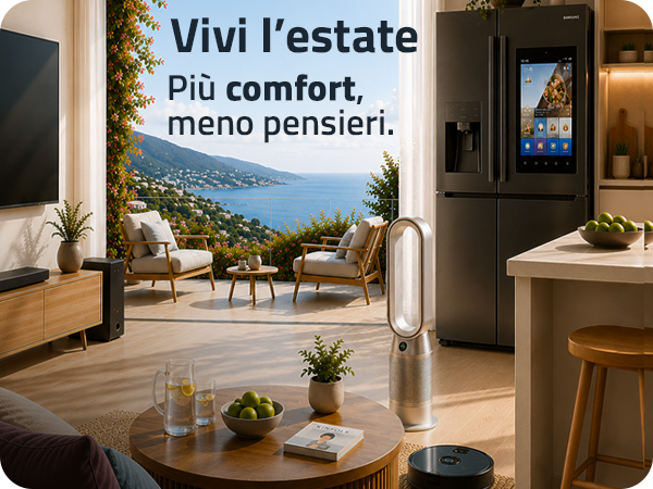 Sunlit open-plan living room and kitchen with sea view, smart fridge, air purifier fan and robot vacuum for relaxed summer.