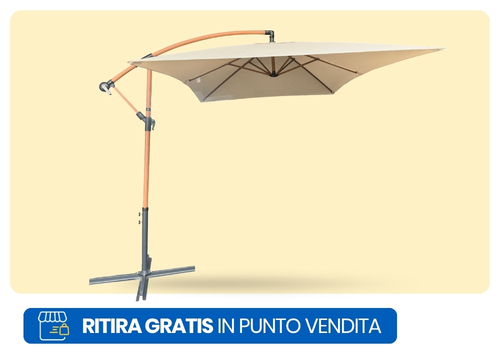 Beige cantilever offset patio parasol with cross base and adjustable arm, shown with free in-store pickup banner