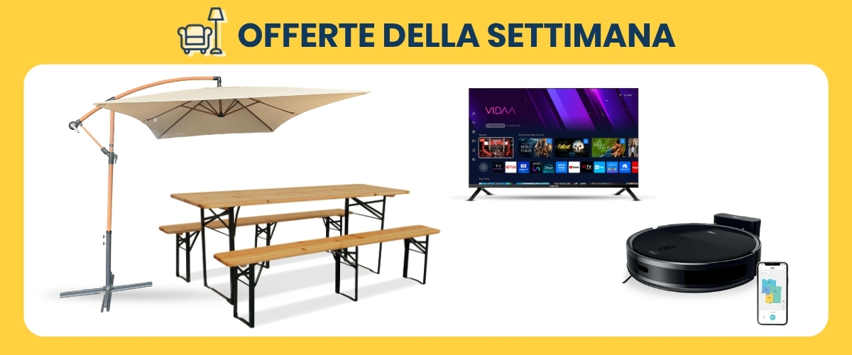 Weekly deals banner: cantilever patio umbrella, wooden picnic table and benches, smart TV, robot vacuum with smartphone