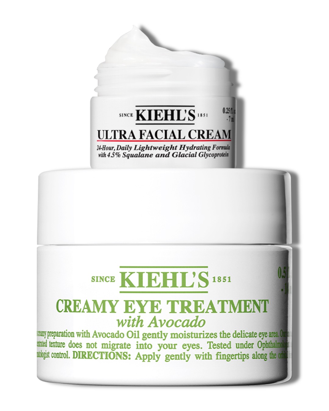 Kit Idratazione Kiehl's: Creamy Eye Treatment with Avocado 14ml e Ultra Facial Cream 7ml impilati su sfondo bianco