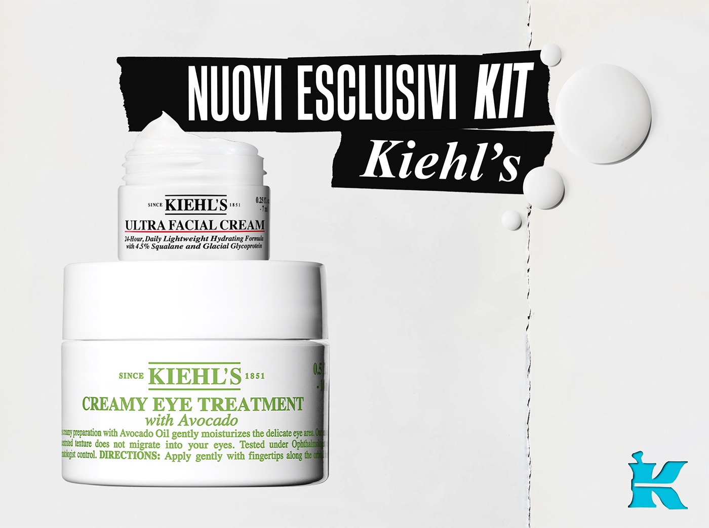 Banner Kiehl's Festa della Mamma. Headline: "Mamma mia che bel regalo".  Fino al -35% su tutto. Extra regalo da 59&euro;: scegli la routine omaggio  in base al suo stile tra Codice Sporty, Codice Glam e Codice Classic.  In primo piano il prodotto Multi-Corrective Cream.