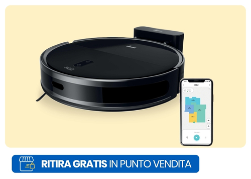 Black robot vacuum with charging dock and smartphone showing room-mapping app for smart Wi‑Fi control