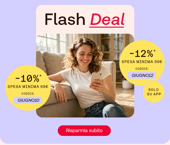 &ldquo;Banner promozionale Flash Deal con donna sorridente mentre usa lo smartphone. Offerte: -10% con codice GIUGNO10 e -12% nell&rsquo;app con codice GIUGNO12 (spesa minima 69&euro;). Pulsante &lsquo;Risparmia subito&rsquo;.&rdquo;