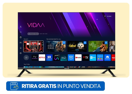 Smart TV showing VIDAA home screen with streaming app icons (Netflix, Prime Video, YouTube) and free in-store pickup banner