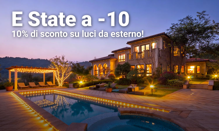 Luxury villa at dusk with illuminated pool, pergola and decorative outdoor string lights — promotional banner for 10% off outdoor lighting