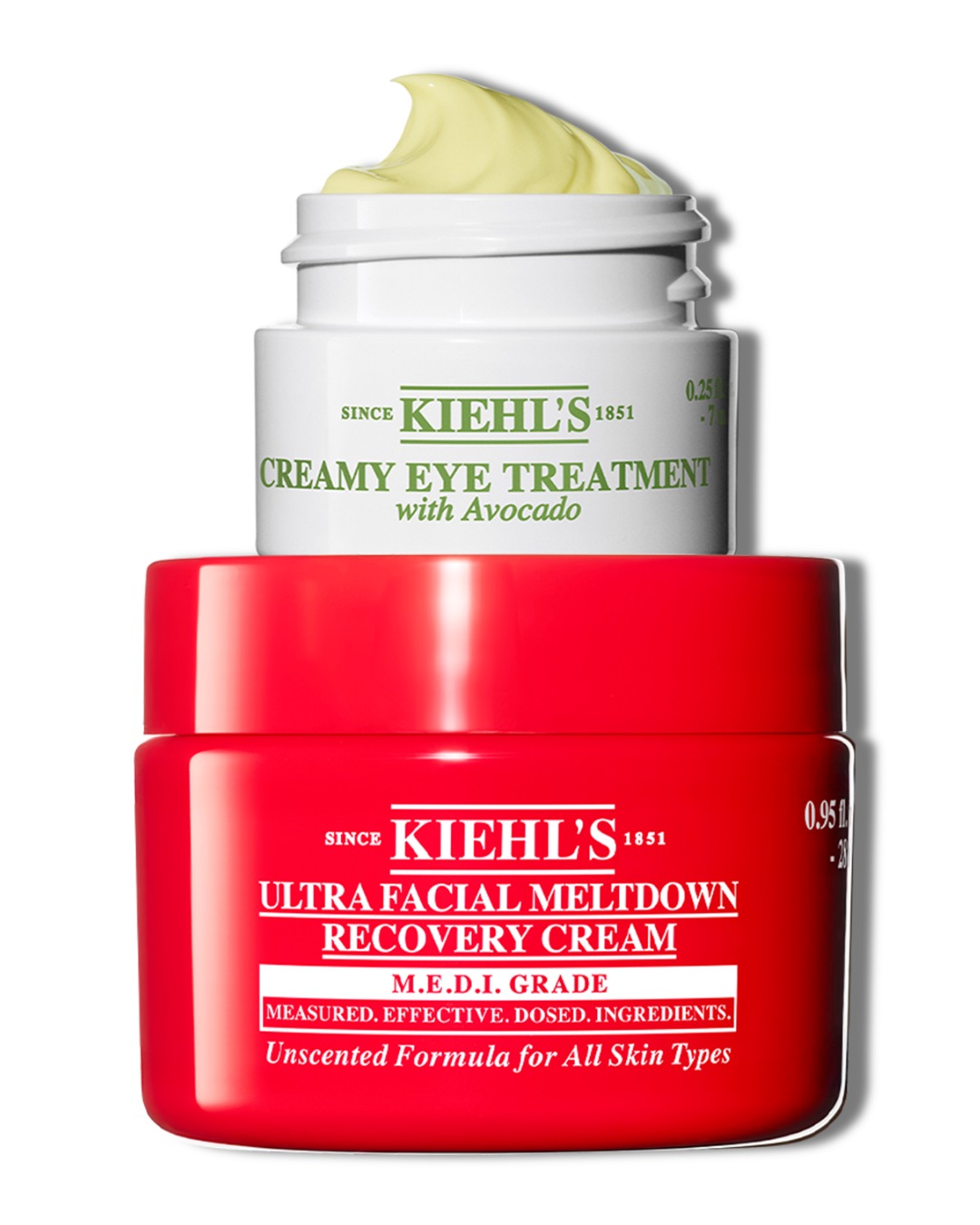 Kit di Idratazione Intensa Kiehl's: Creamy Eye Treatment with Avocado 7ml e Ultra Facial Meltdown Recovery Cream 28ml impilati su sfondo bianco