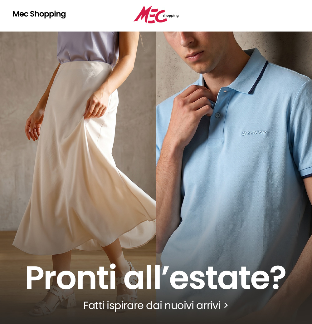 Split image: woman wearing a flowing cream skirt and white sandals (left) and man wearing a light blue polo shirt (right), summer outfits