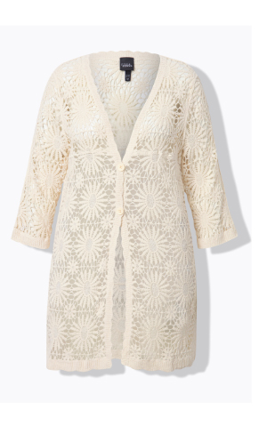 Cardigan con fiori, orli a onde, scollo a V e maniche lunghe