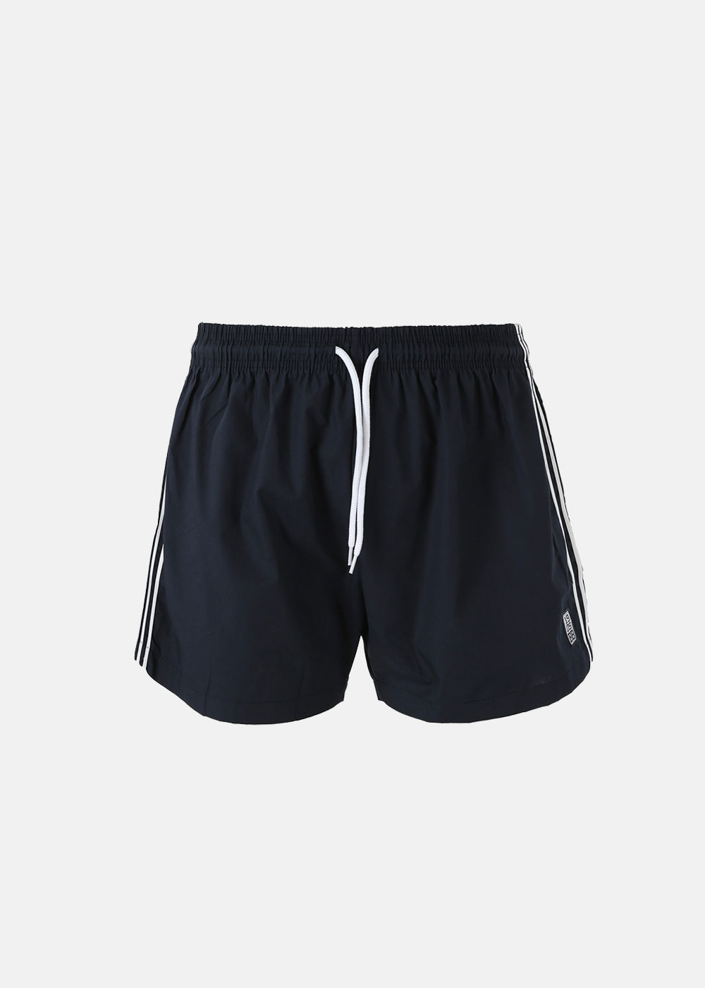 Men's navy swim shorts with elastic waistband, white drawstring and white side stripes