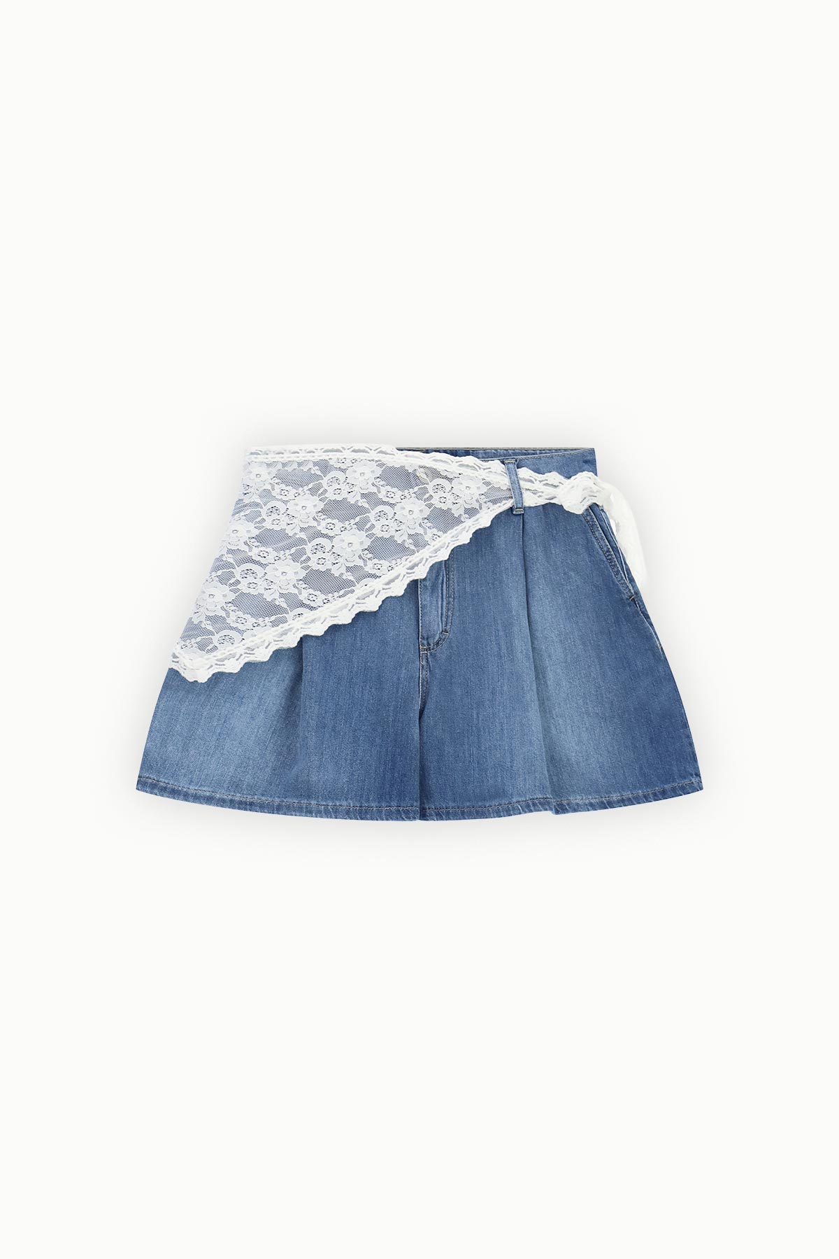 Blue denim A-line mini skirt with white lace wrap overlay tied at the waist