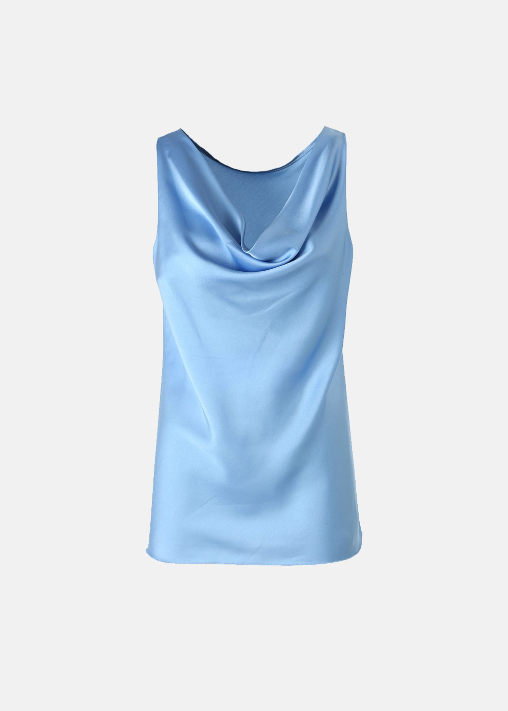 Pale blue satin sleeveless cowl-neck blouse, front view on white background