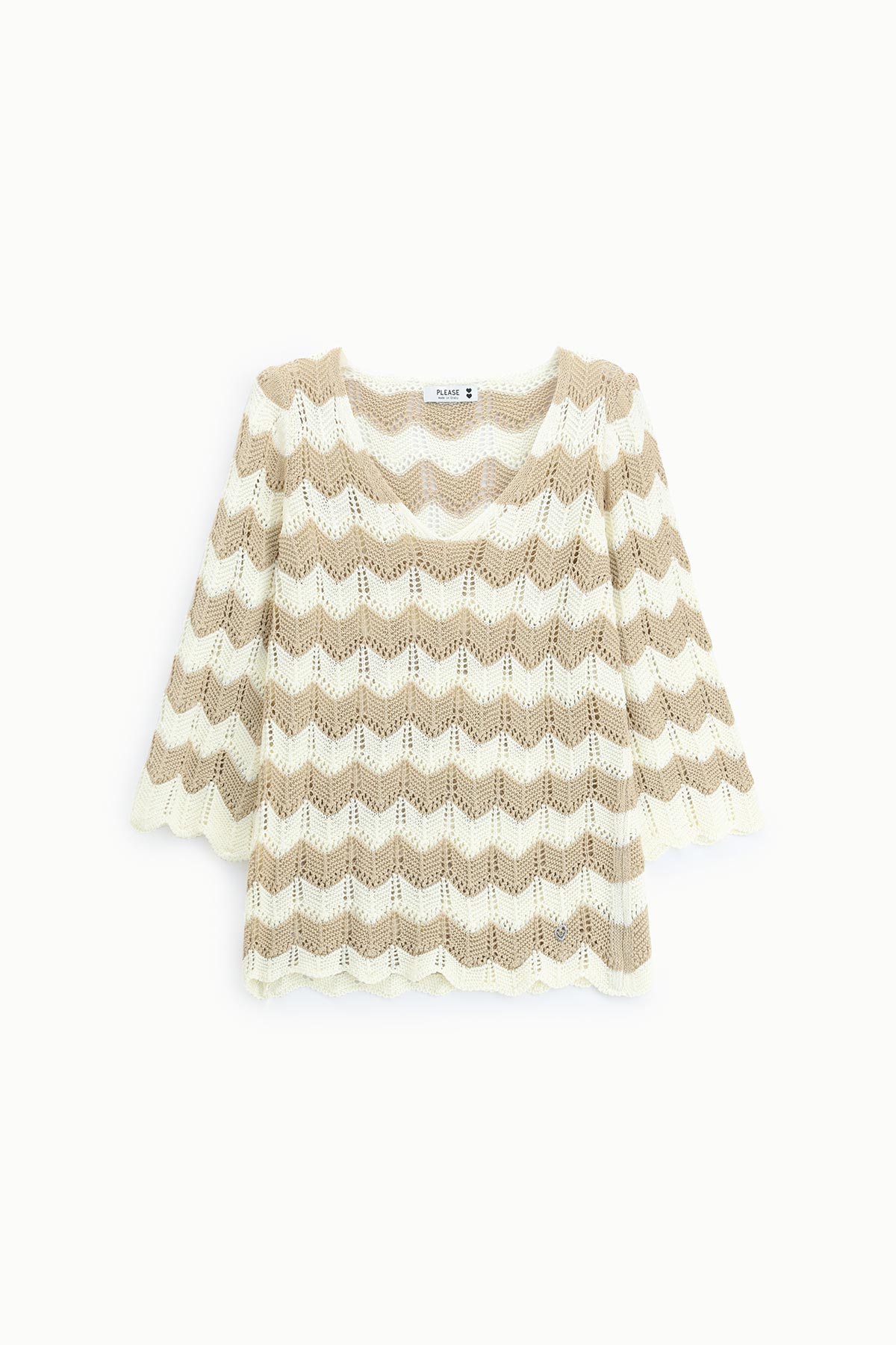 Beige and white chevron crochet knit top with scoop neck and three-quarter sleeves