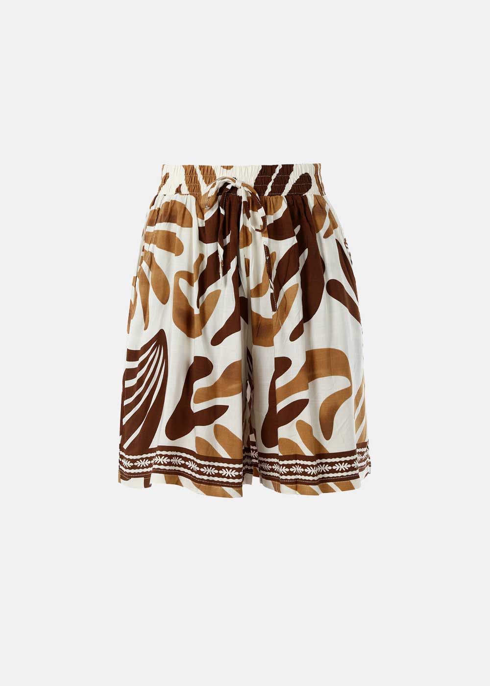 Women's high-waist elasticated shorts with brown abstract leaf print, drawstring waist and decorative border hem